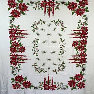 VTG 50s Christmas Tablecloth Hand Printed Candles Poinsettias Pinecones 58x70
